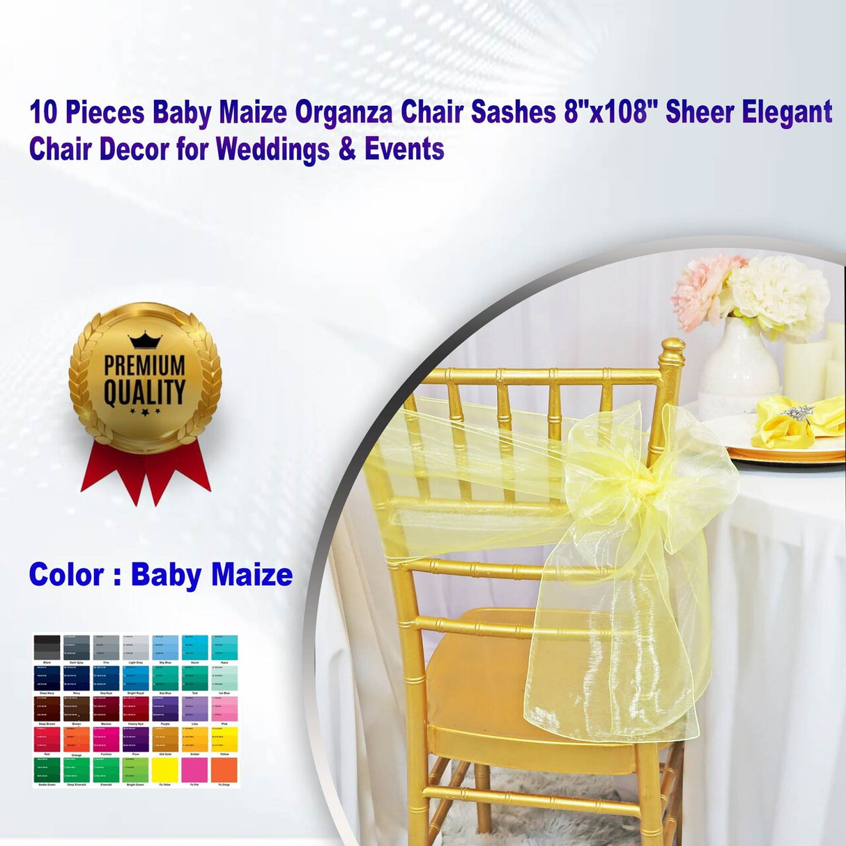 10 Pieces Baby Maize Organza Chair Sashes 8"x108" Sheer Elegant Chair Decor for Weddings & Events