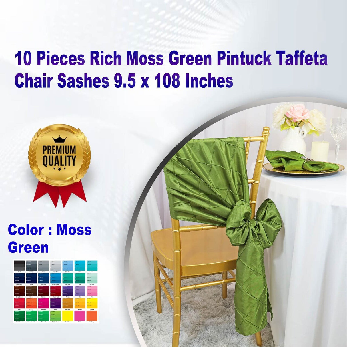 10 Pieces Classic Navy Blue Pintuck Taffeta Chair Sashes 9.5 x 108 Inches