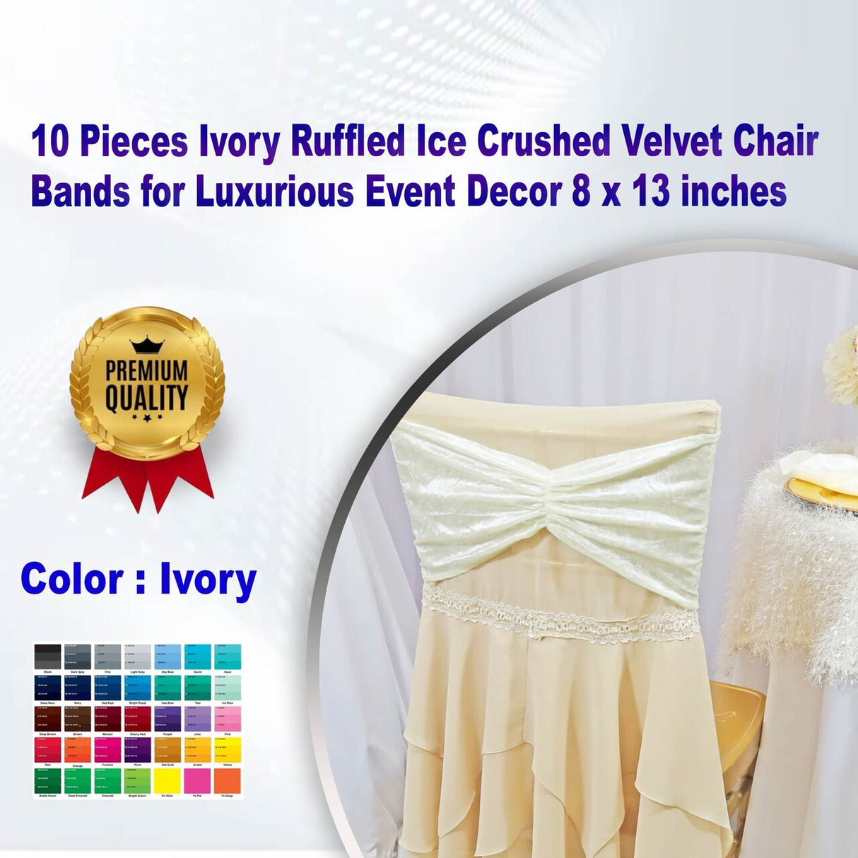 10 Pieces Ivory Ruffled Ice Crushed Velvet Chair Bands for Luxurious Event Decor 8 x 13 inches