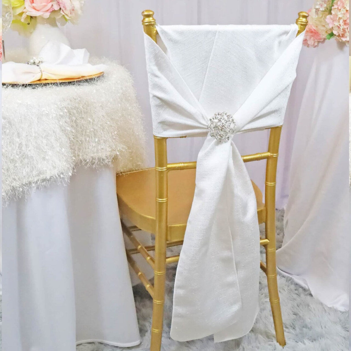 10 Pieces White Sequin Poly Flax Burlap Chair Sashes, Rustic Glam 8"x108" Decor