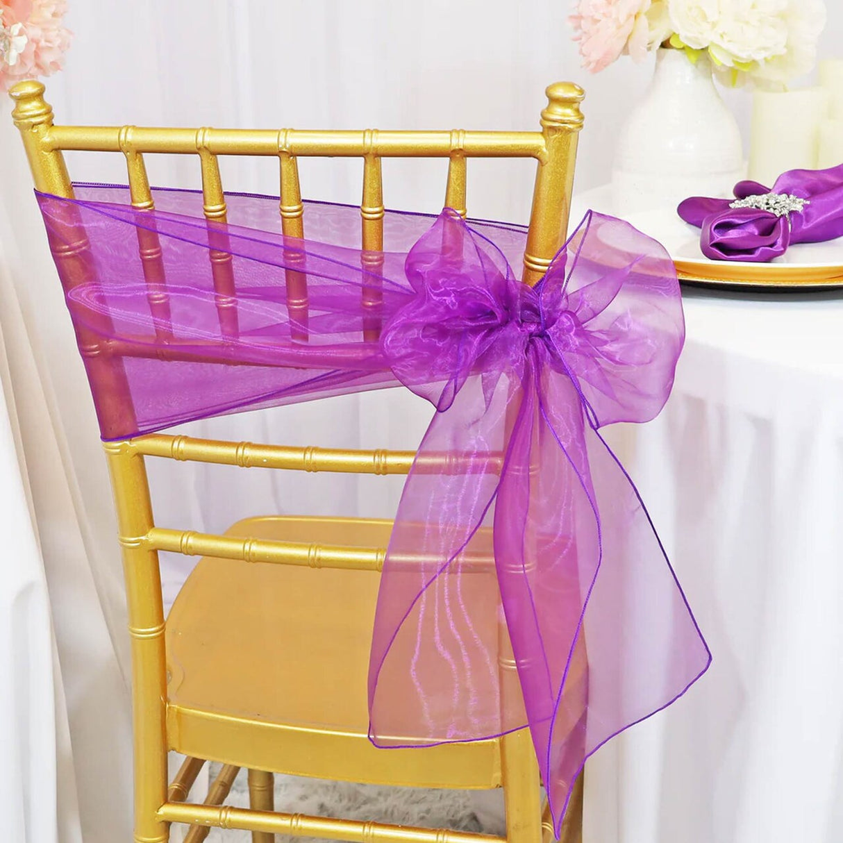 10 Pieces Purple Organza Chair Sashes 8"x108" Sheer Elegant Event Decorations