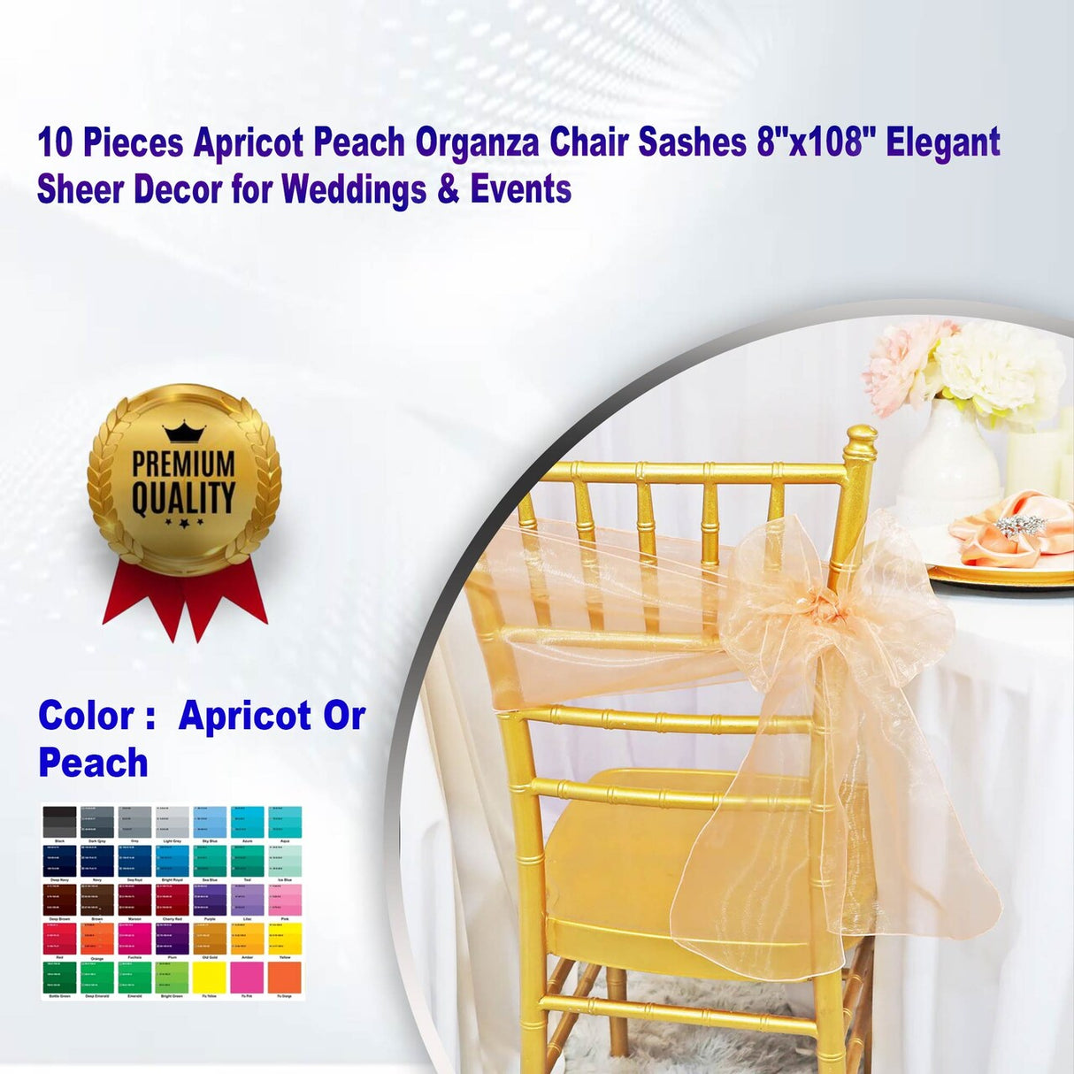 10 Pieces Apricot Peach Organza Chair Sashes 8"x108" Elegant Sheer Decor for Weddings & Events