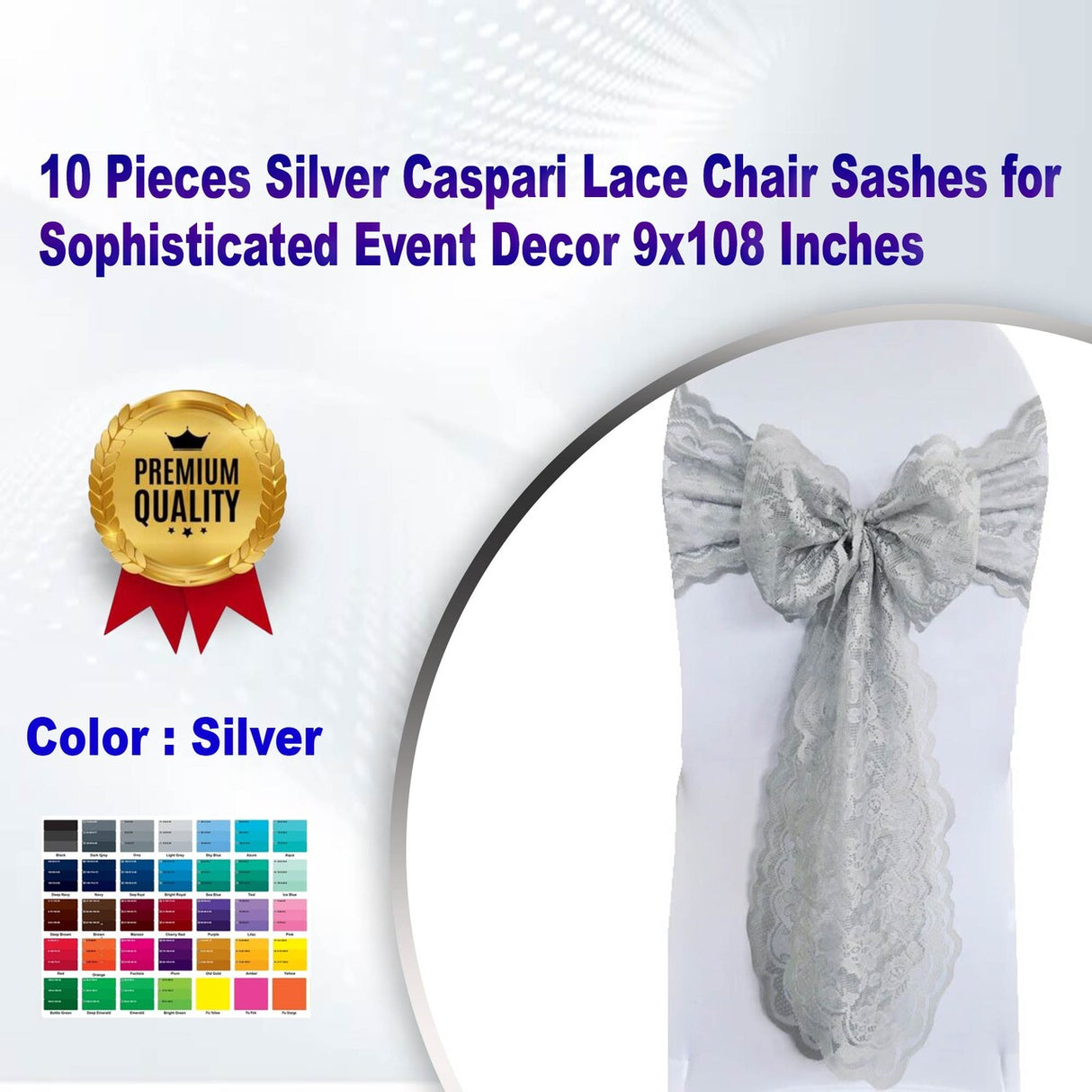10 Pieces Silver Caspari Lace Chair Sashes for Sophisticated Event Decor 9x108 Inches