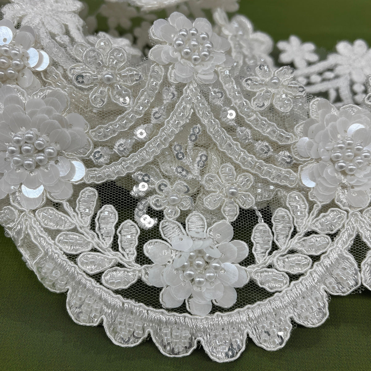 1 Yard Elegant Beaded & Corded Floral Lace Trim on Soft 100% Polyester Mesh