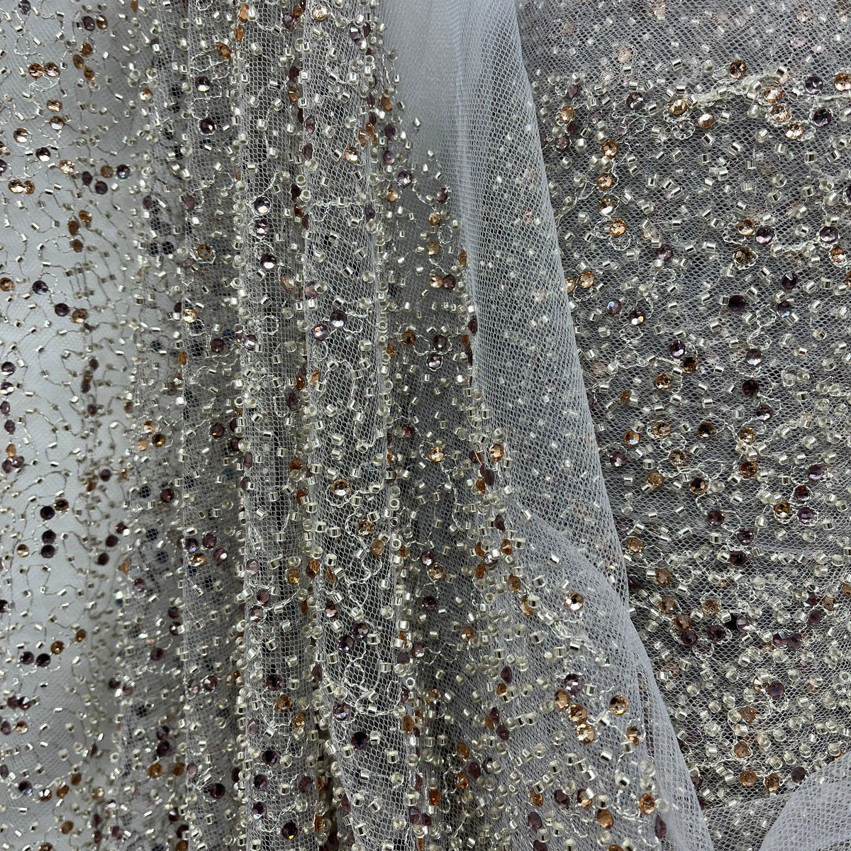 1 Yard Beaded Lace Fabric Embroidered on 100% Polyester Net Mesh, Elegant Sheer Textile