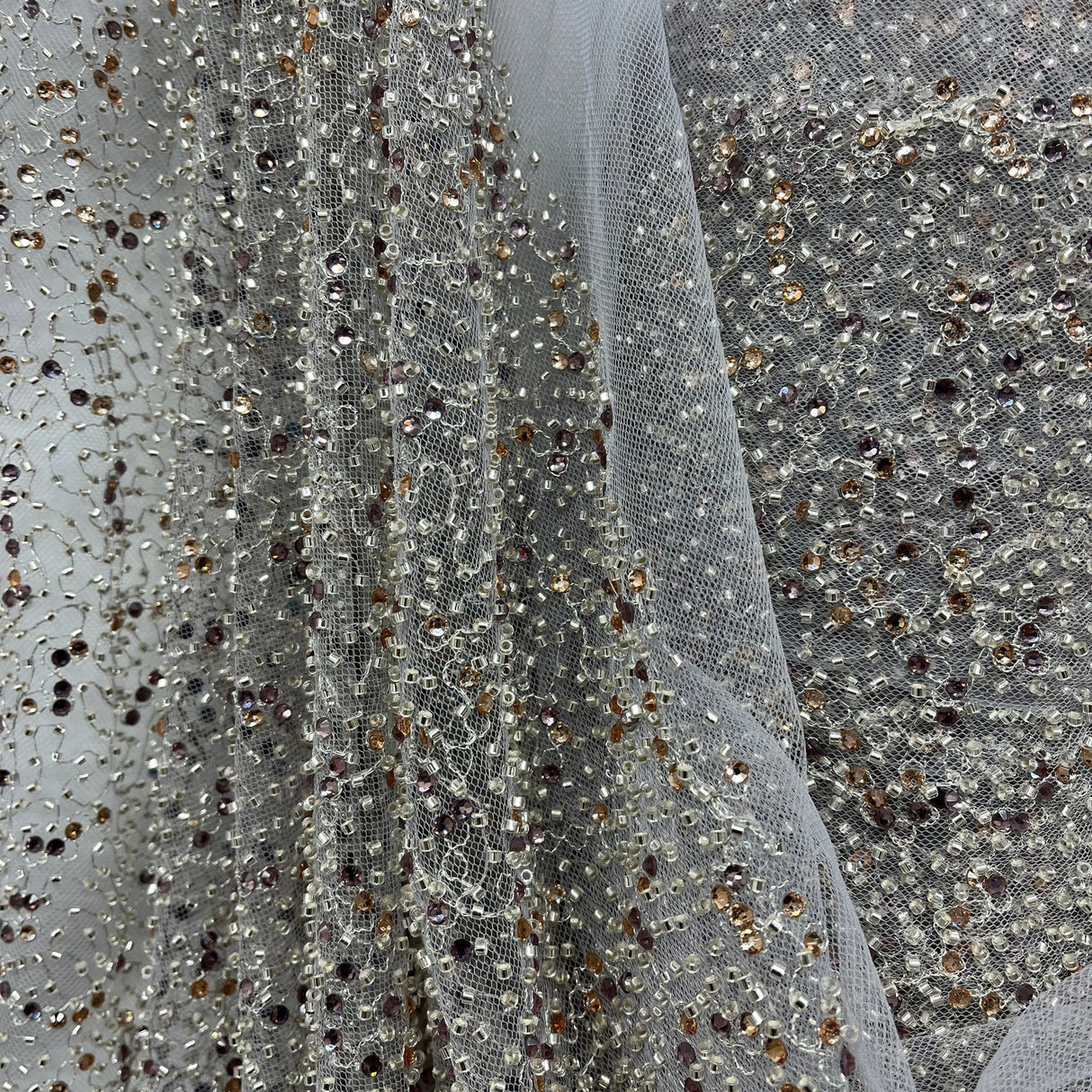 1 Yard Beaded Lace Fabric, 60" Wide Embroidered Polyester Net Mesh with Pearls & Sequins for Bridal, Evening & Dance Wear