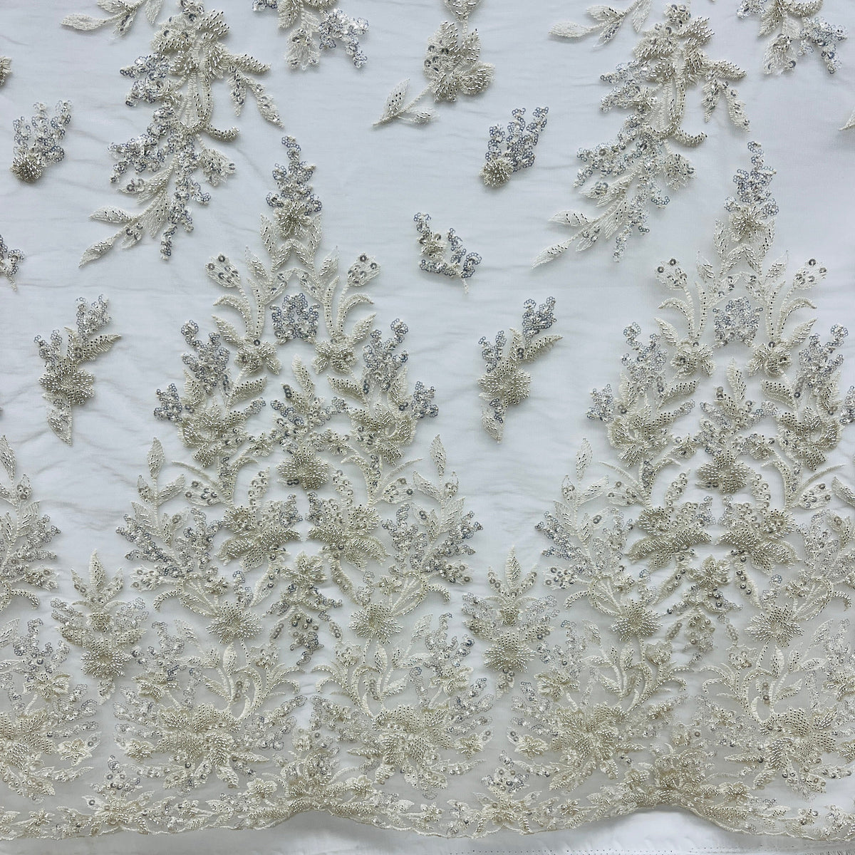 1 Yard Elegant Beaded & Corded Lace Trim on 100% Polyester Mesh, Floral Embroidered Lace Fabric