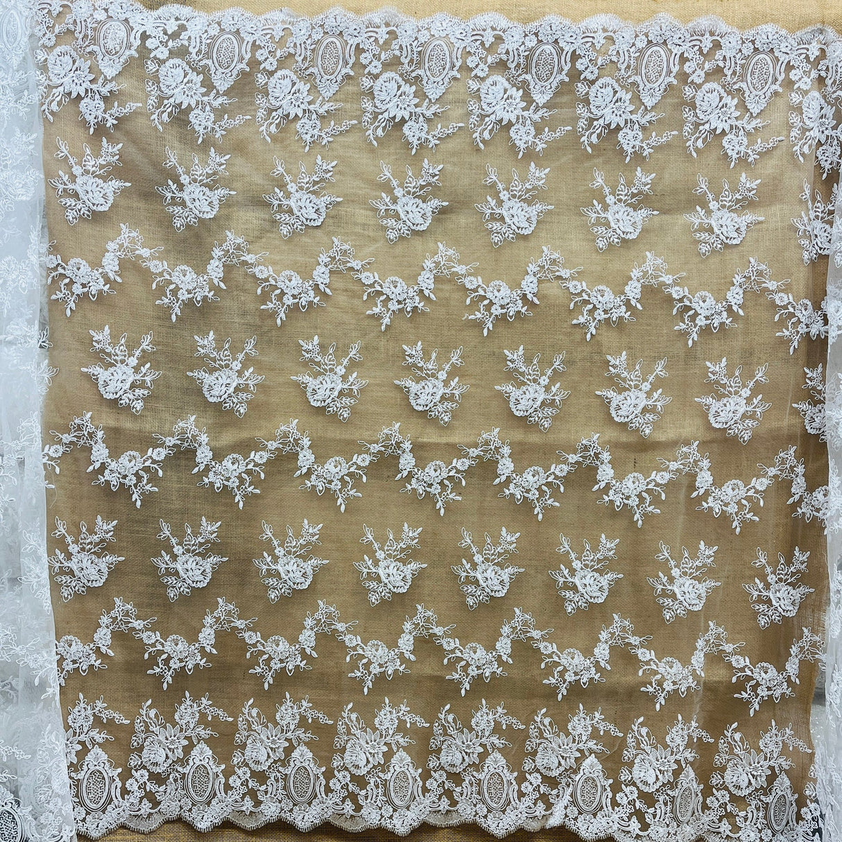 1 Yard Corded Bridal Lace Fabric Embroidered on Polyester Net Mesh for Dresses 51" Width