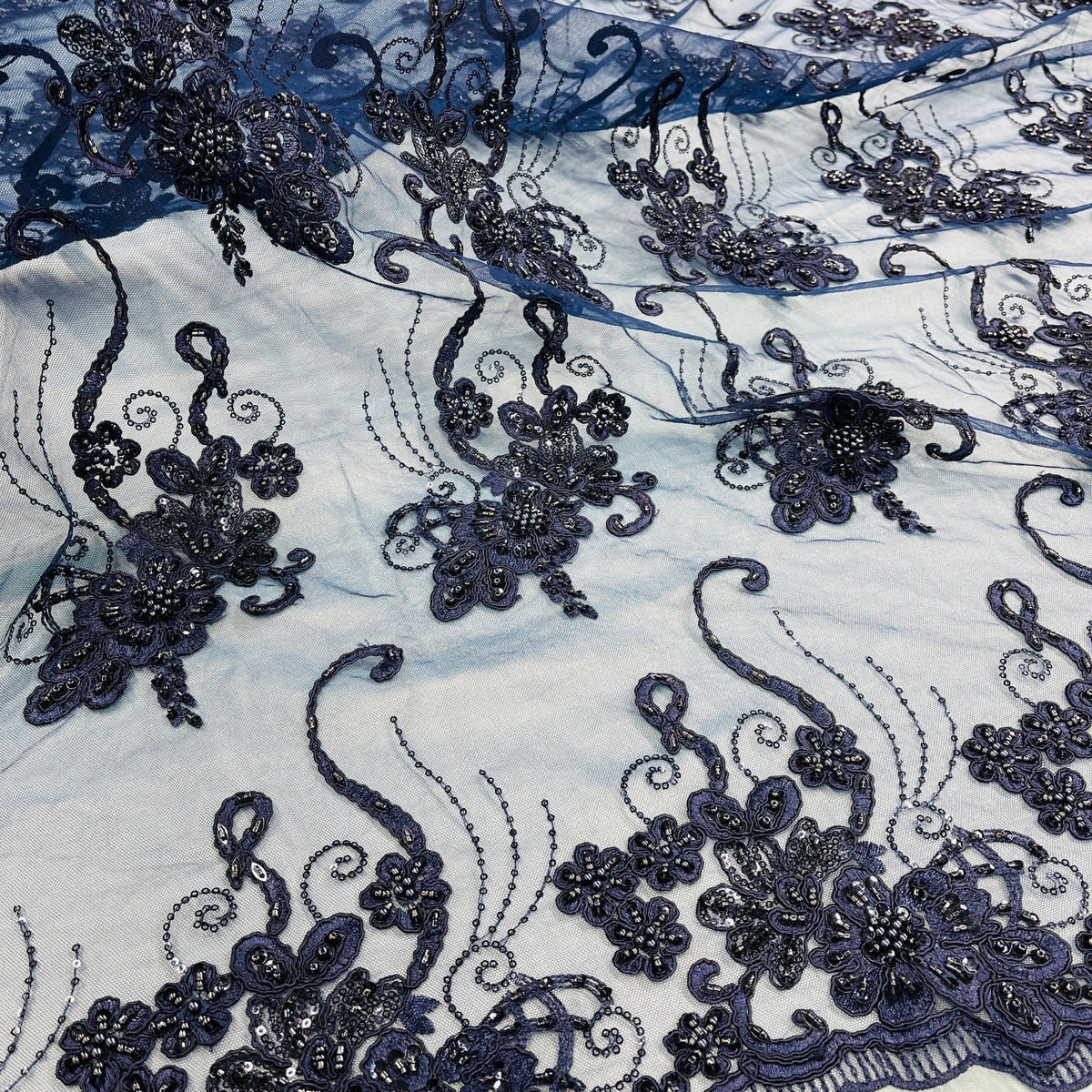 1 Yard Beaded Corded Lace Fabric on 100% Polyester Net Mesh, Elegant Embroidered Lace Material