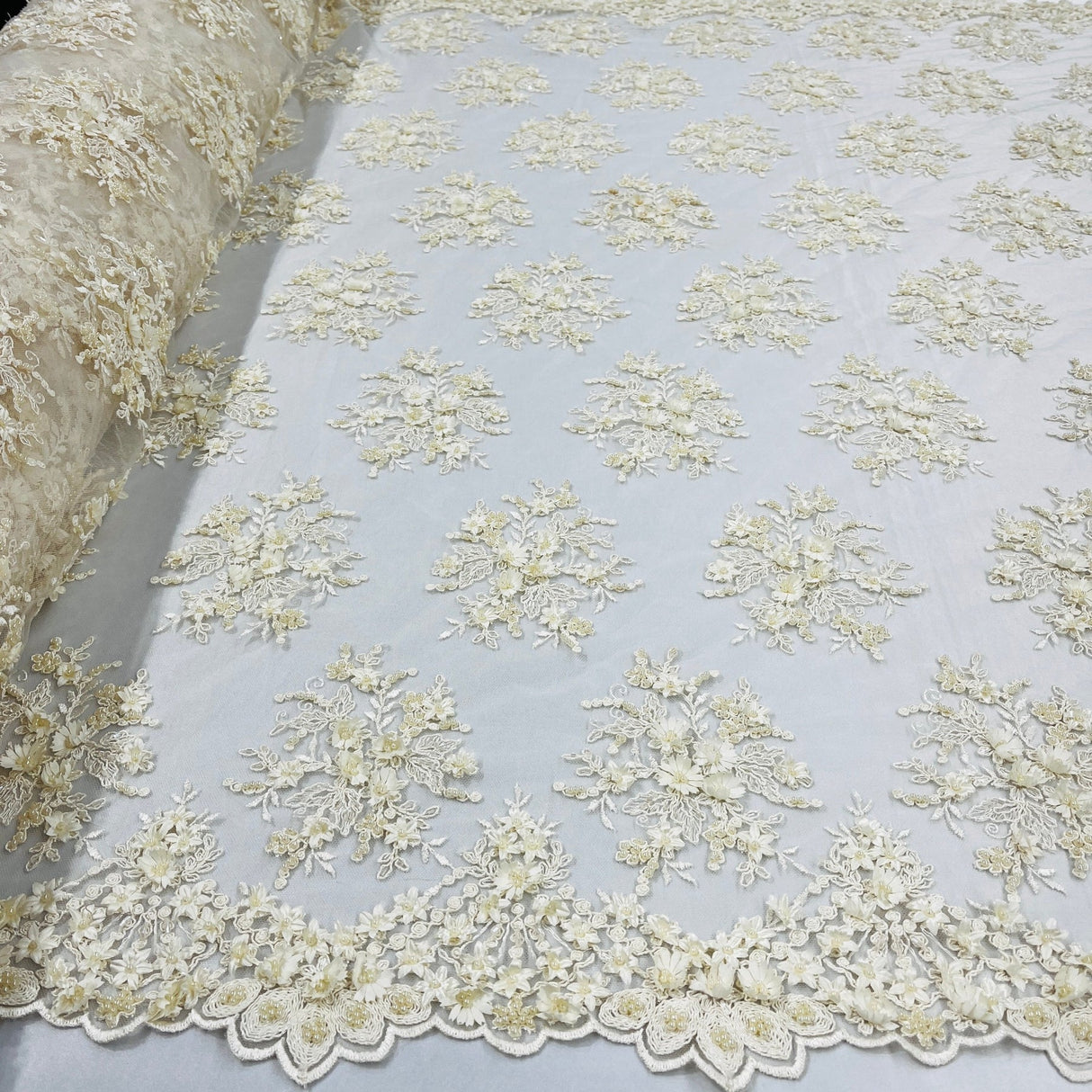1 Yard Whimsical Pink Beaded 3D Floral Lace Fabric on Net Mesh 50 inch Width