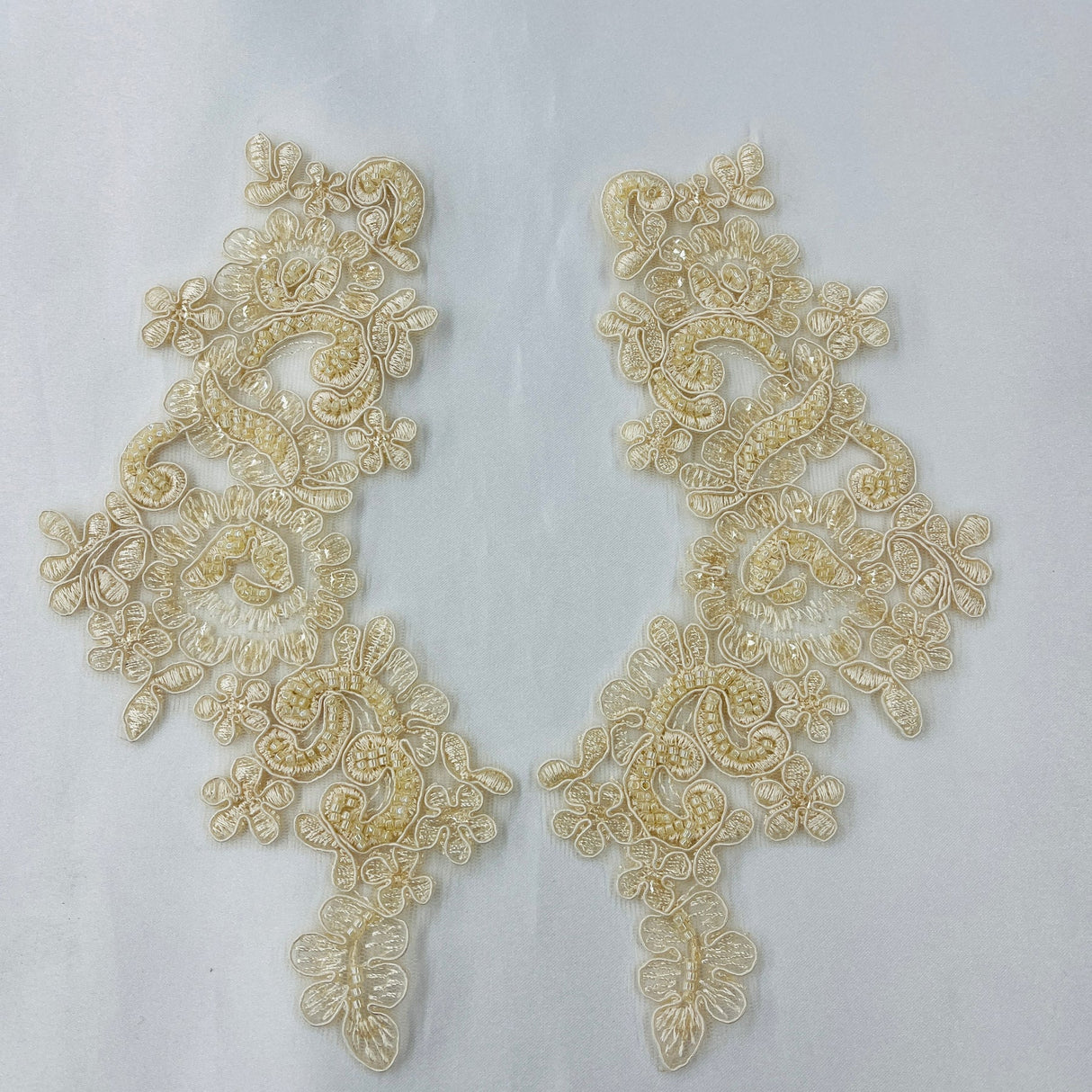 1 Pair 9" x 3" Each Side Beaded & Corded Floral Lace Applique Organza