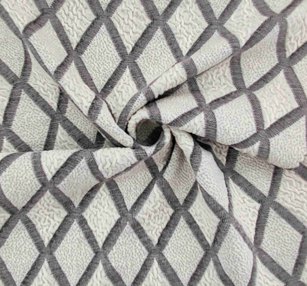 1 yard Gray & Ivory Diamond Jacquard Knit Fabric 58/60" Wide Stretch Apparel Fabric with Acrylic Blend