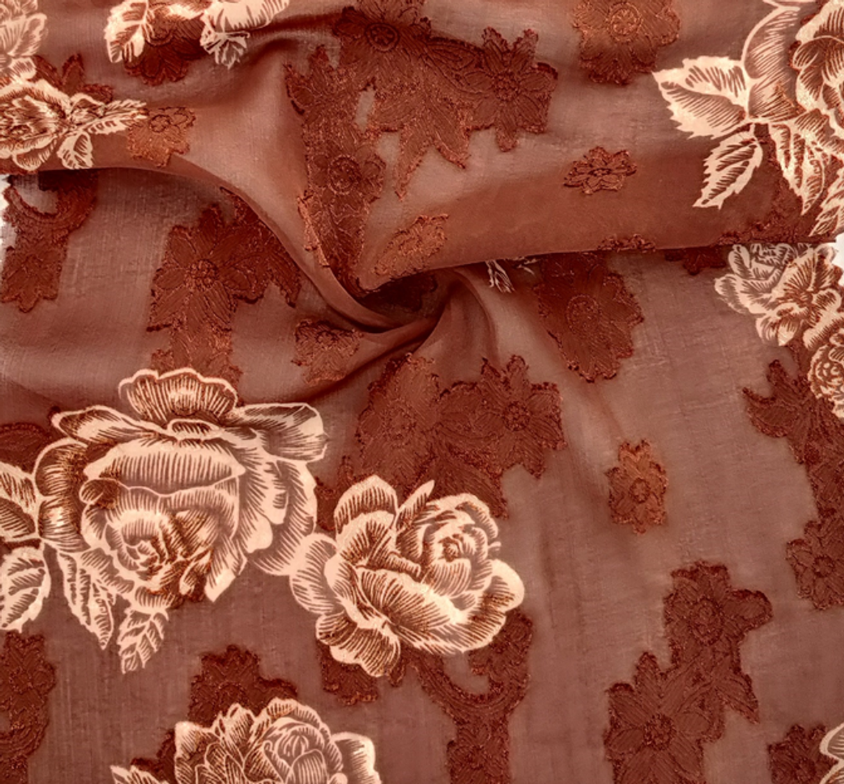 1 Yard Brown Floral Jacquard Chiffon Fabric – 57/58" Wide Lightweight Sheer Polyester for Dresses & Apparel