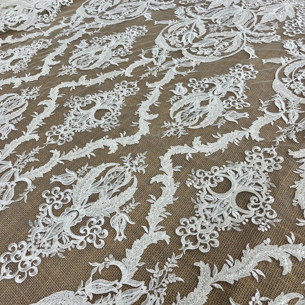 1 Yard Beaded & Corded Bridal Lace Fabric Embroidered on 100% Polyester Net Mesh 54" Wide