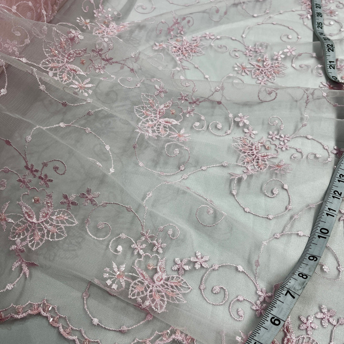 1 Yard Elegant Beaded Lace Fabric on 100% Polyester Mesh, Embroidered Floral Design for Gowns & Decor