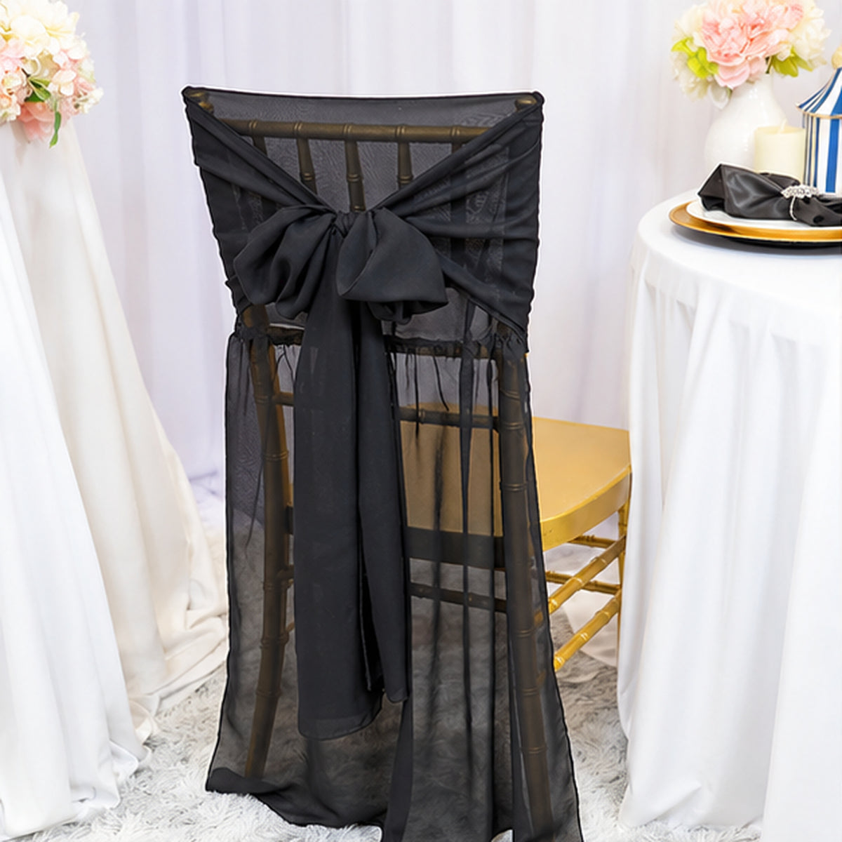 Black Chiffon Chiavari Chair Cover With Sash Soft Sheer Fabric