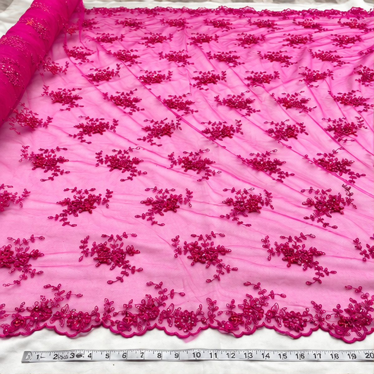 Fuchsia Beaded Lace Fabric Pearl Embroidered Polyester Net Mesh