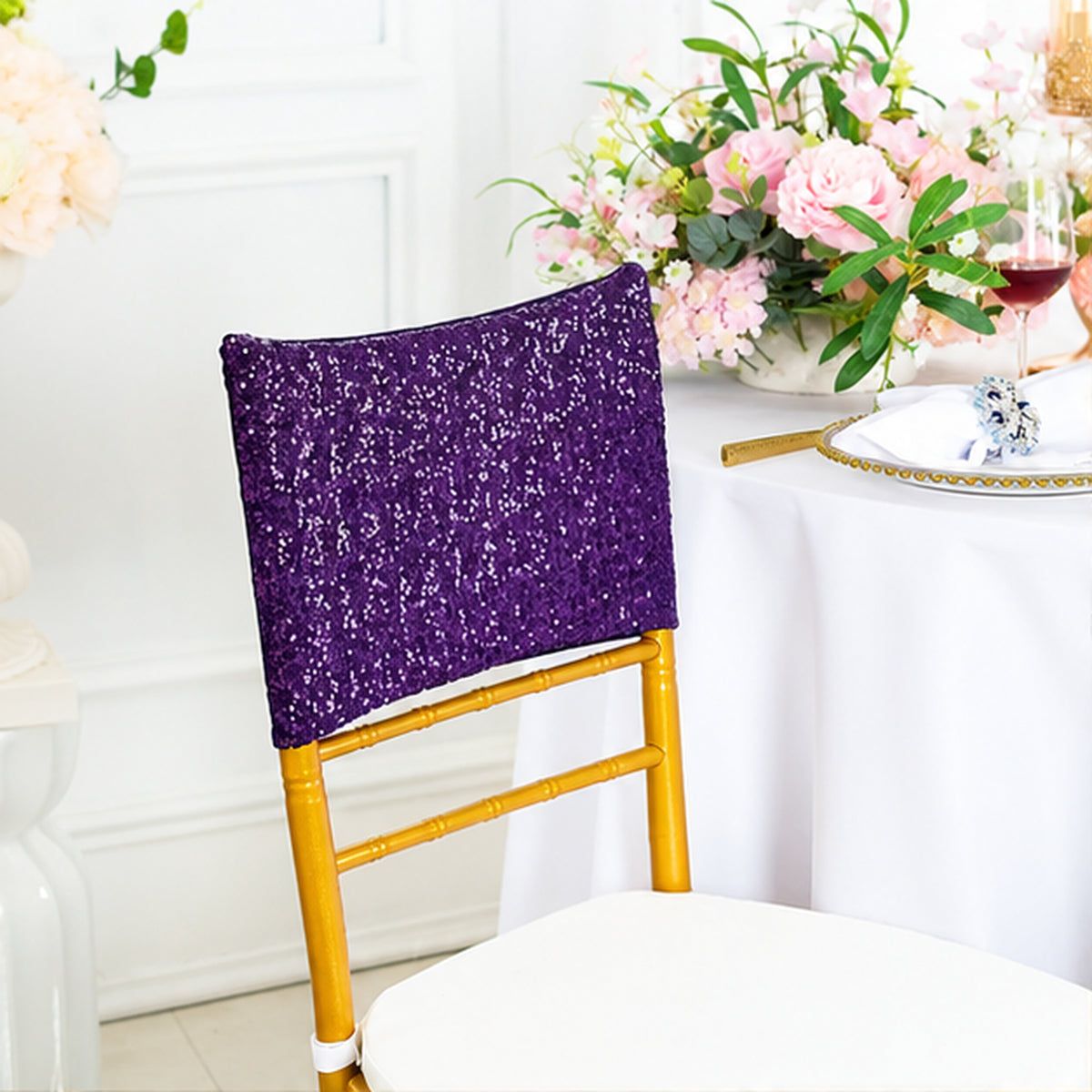 Eggplant Purple Sequin Spandex Chair Caps 220 GSM Shiny Stretch