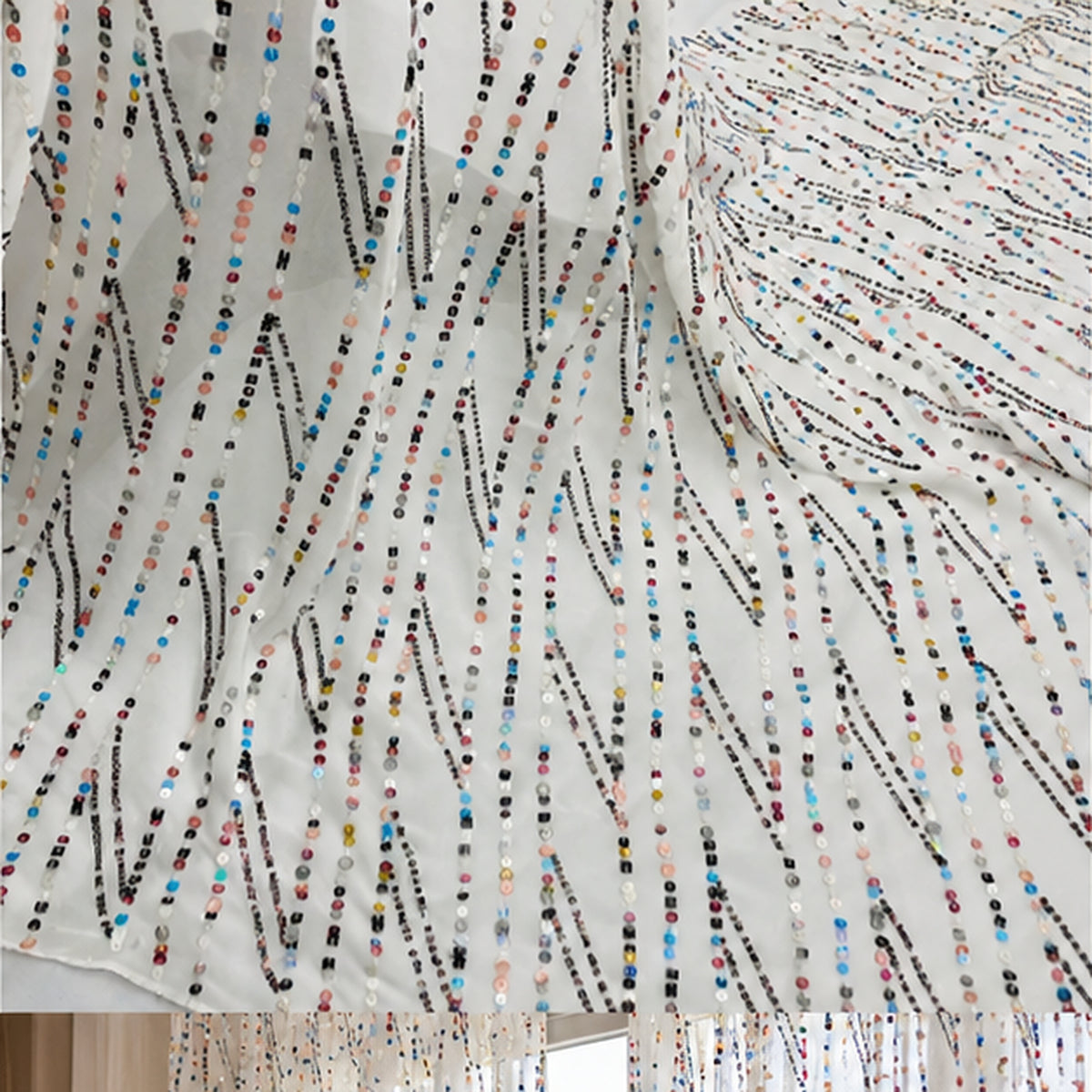 Hand Sequined Chiffon Fabric White Embellished Wide by the Yard