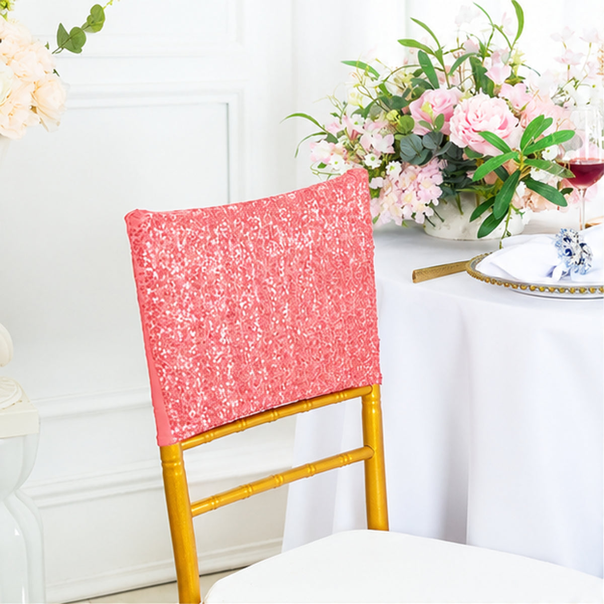 Coral Sequin Spandex Chair Caps 220 GSM Premium Stretchy Fit
