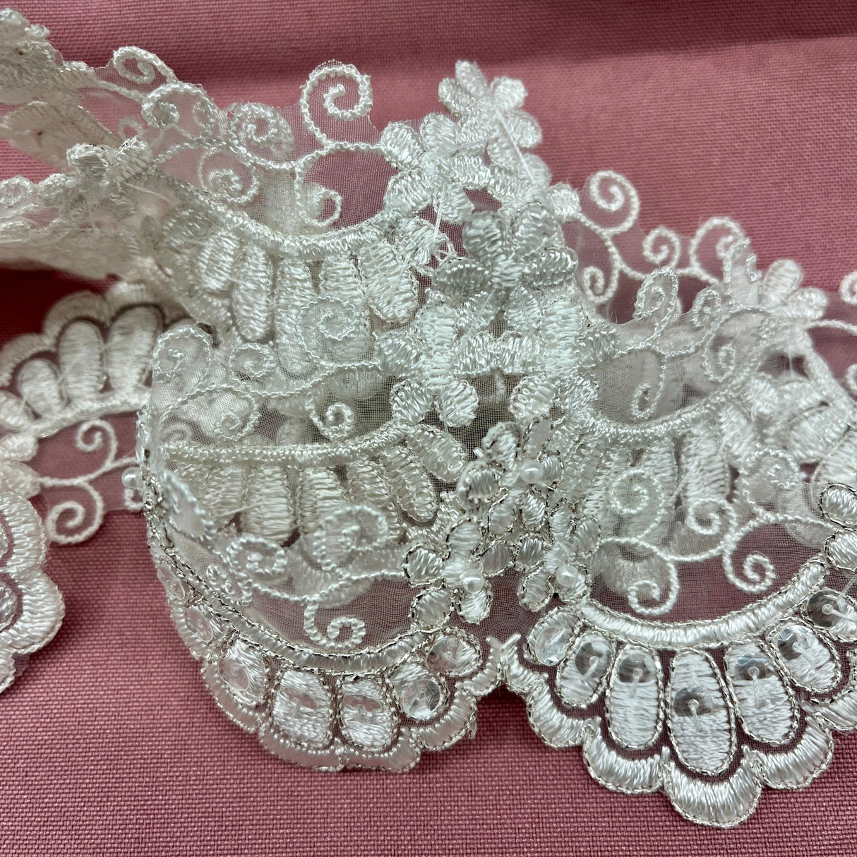 1 Yard Beaded & Corded Embroidered Lace Trim 2.5" Wide 100% Polyester Net Mesh for Special Occasion Dresses