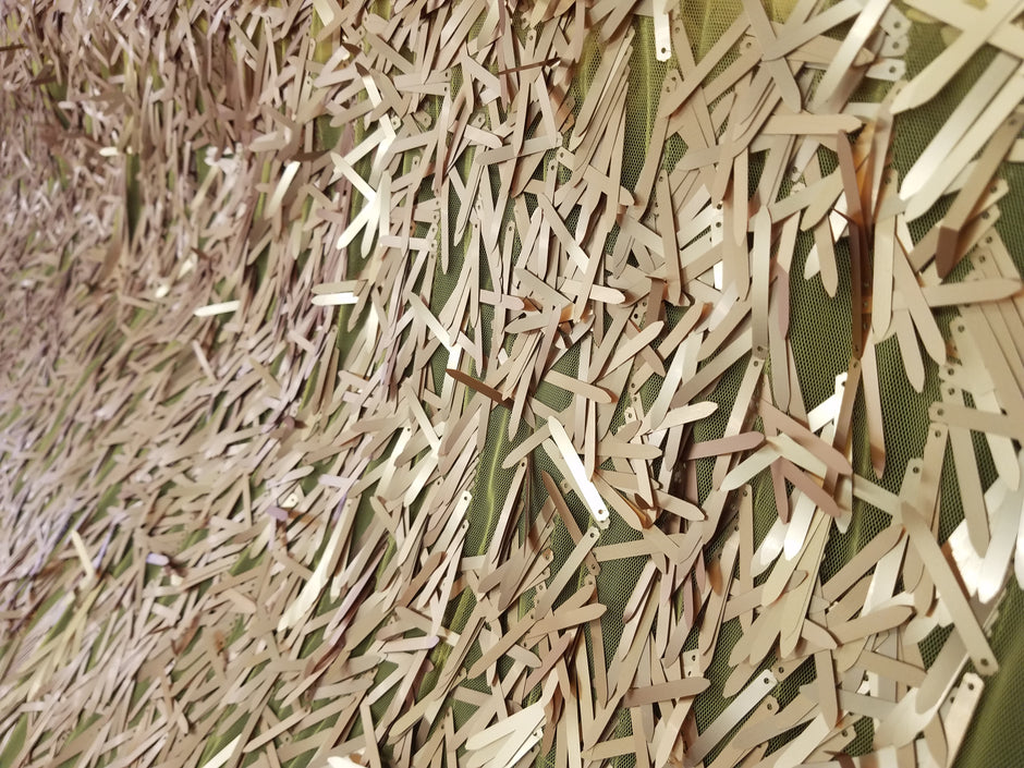 1 Yard Gold Long Teardrop Sequins Fabric on Black Mesh 50/52 Inch Width