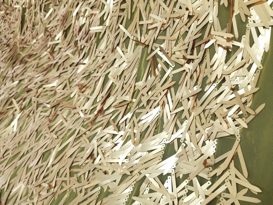 1 Yard Gold Long Teardrop Sequins Fabric on Black Mesh 50/52 Inch Width