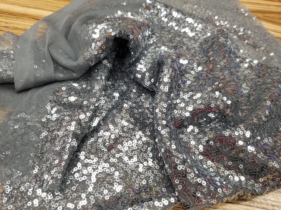 1 Yard Charcoal Gray Glitz Sequins Fabric Spangle Mesh 55 Inch Width