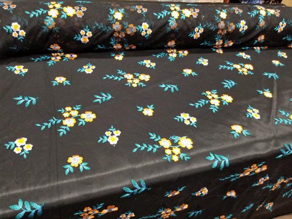 1 Yard Orange Blue Floral Embroidered Black Mesh Lace for Gowns Dresses Decor 54 Inch