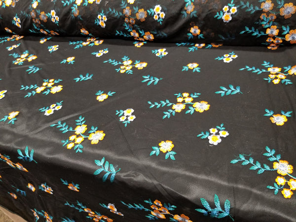 1 Yard Orange Blue Floral Embroidered Black Mesh Lace for Gowns Dresses Decor 54 Inch