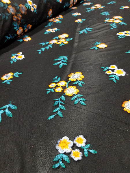 1 Yard Orange Blue Floral Embroidered Black Mesh Lace for Gowns Dresses Decor 54 Inch