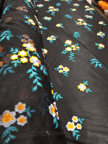 1 Yard Orange Blue Floral Embroidered Black Mesh Lace for Gowns Dresses Decor 54 Inch