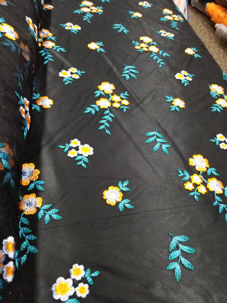 1 Yard Orange Blue Floral Embroidered Black Mesh Lace for Gowns Dresses Decor 54 Inch