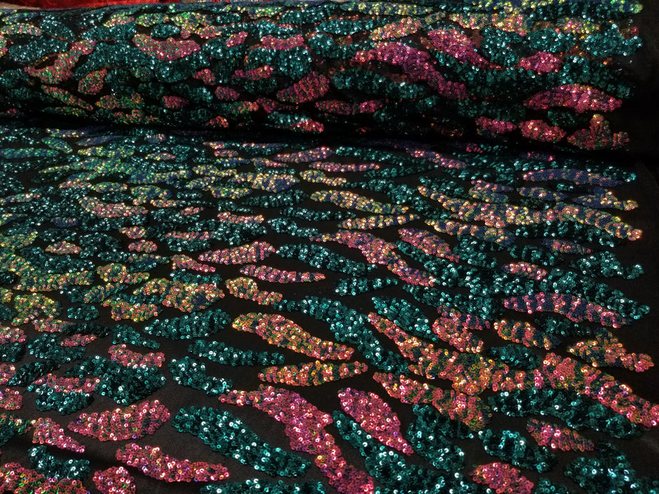 1 Yard Teal Multicolor Full Sequins Embroidered Lace Fabric on Black Tulle 50/52 Inch Width
