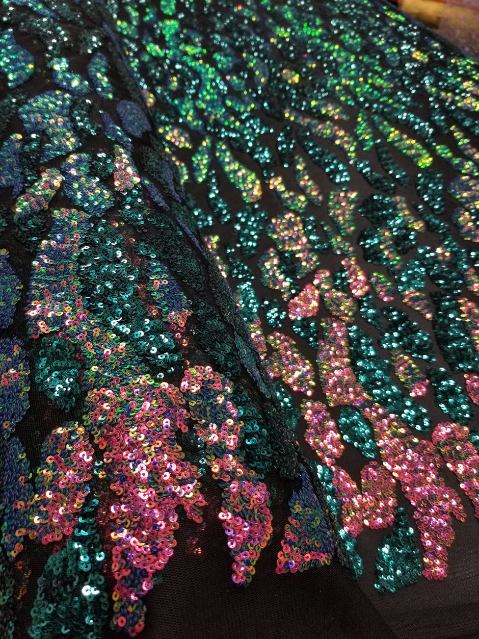 1 Yard Teal Multicolor Full Sequins Embroidered Lace Fabric on Black Tulle 50/52 Inch Width