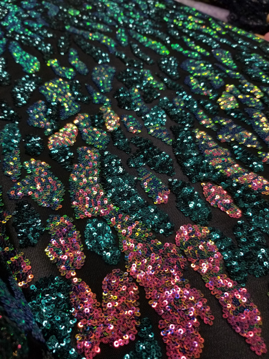 1 Yard Teal Multicolor Full Sequins Embroidered Lace Fabric on Black Tulle 50/52 Inch Width