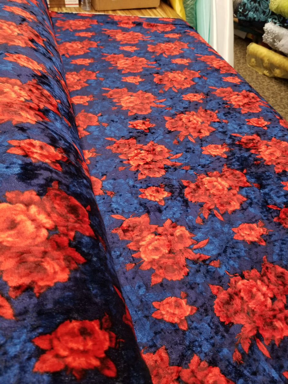 1 Yard Merlot Solar Gold Floral Crushed Velvet Stretch Fabric for Apparel Upholstery Décor 60 Inch Width