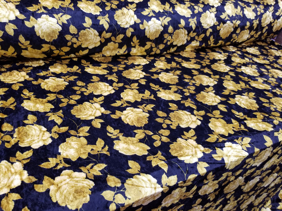 1 Yard Black Solar Gold Stretch Crushed Velvet Floral Fabric for Apparel Décor Upholstery 60 Inch Width