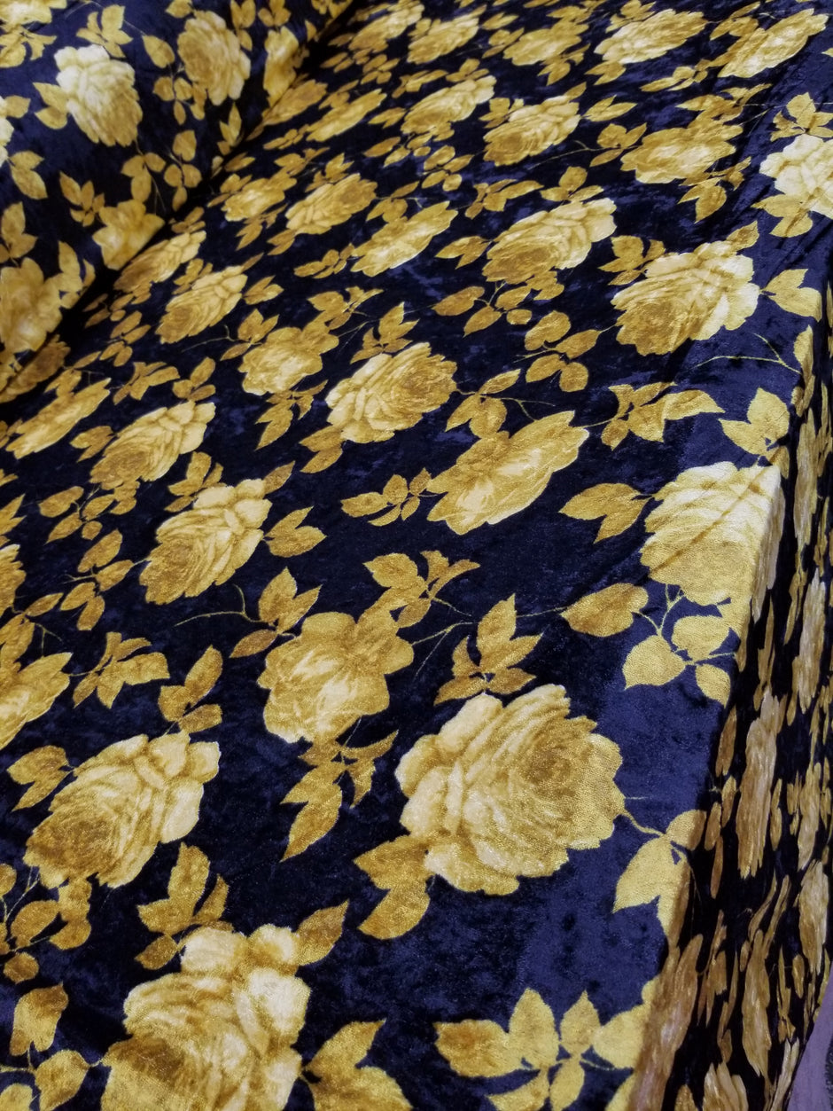 1 Yard Black Solar Gold Stretch Crushed Velvet Floral Fabric for Apparel Décor Upholstery 60 Inch Width