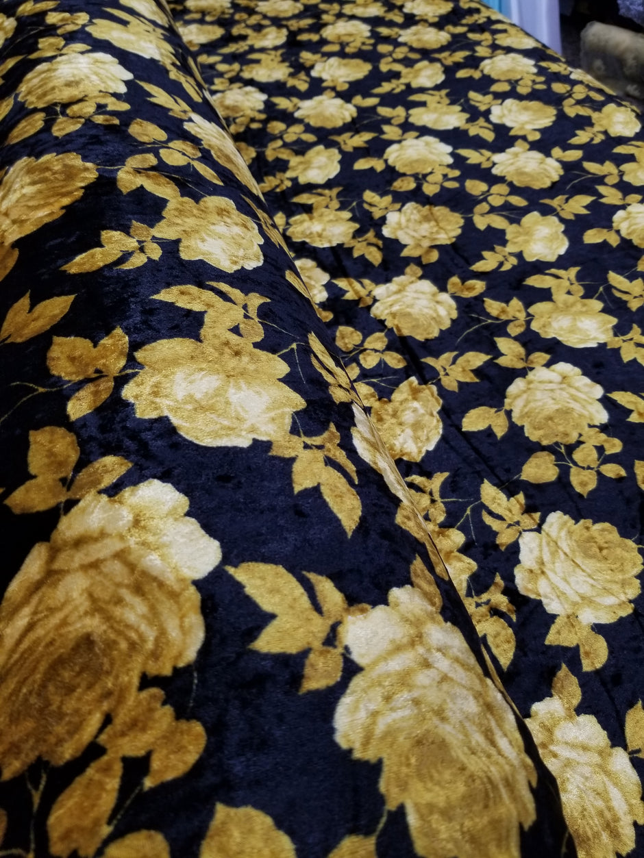 1 Yard Black Solar Gold Stretch Crushed Velvet Floral Fabric for Apparel Décor Upholstery 60 Inch Width