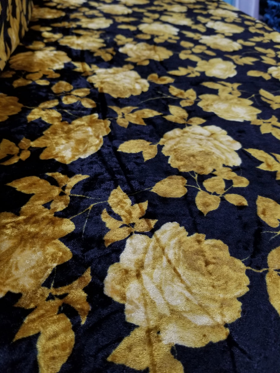 1 Yard Black Solar Gold Stretch Crushed Velvet Floral Fabric for Apparel Décor Upholstery 60 Inch Width