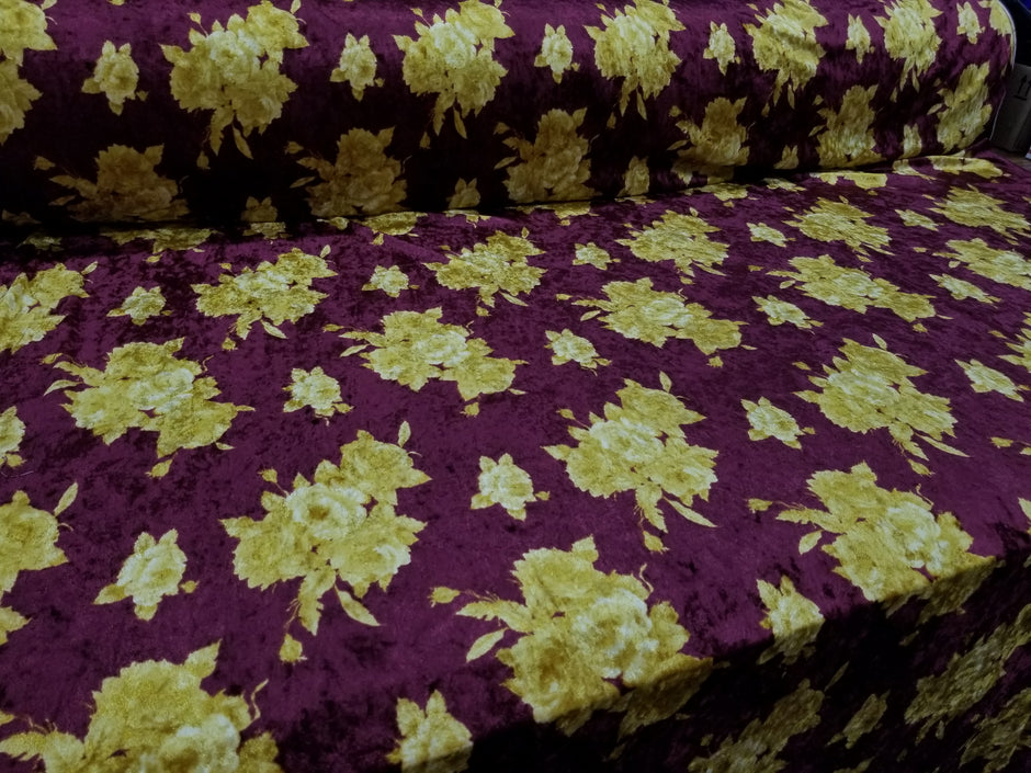 1 Yard Merlot Solar Gold Crushed Velvet Floral Stretch Fabric for Costumes Drapes Apparel 60 Inch Width