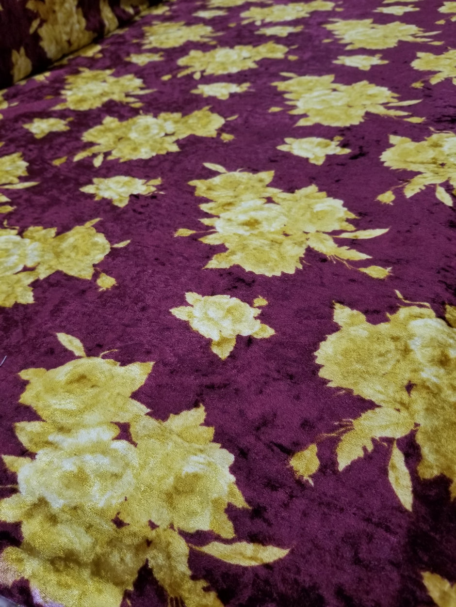 1 Yard Merlot Solar Gold Crushed Velvet Floral Stretch Fabric for Costumes Drapes Apparel 60 Inch Width