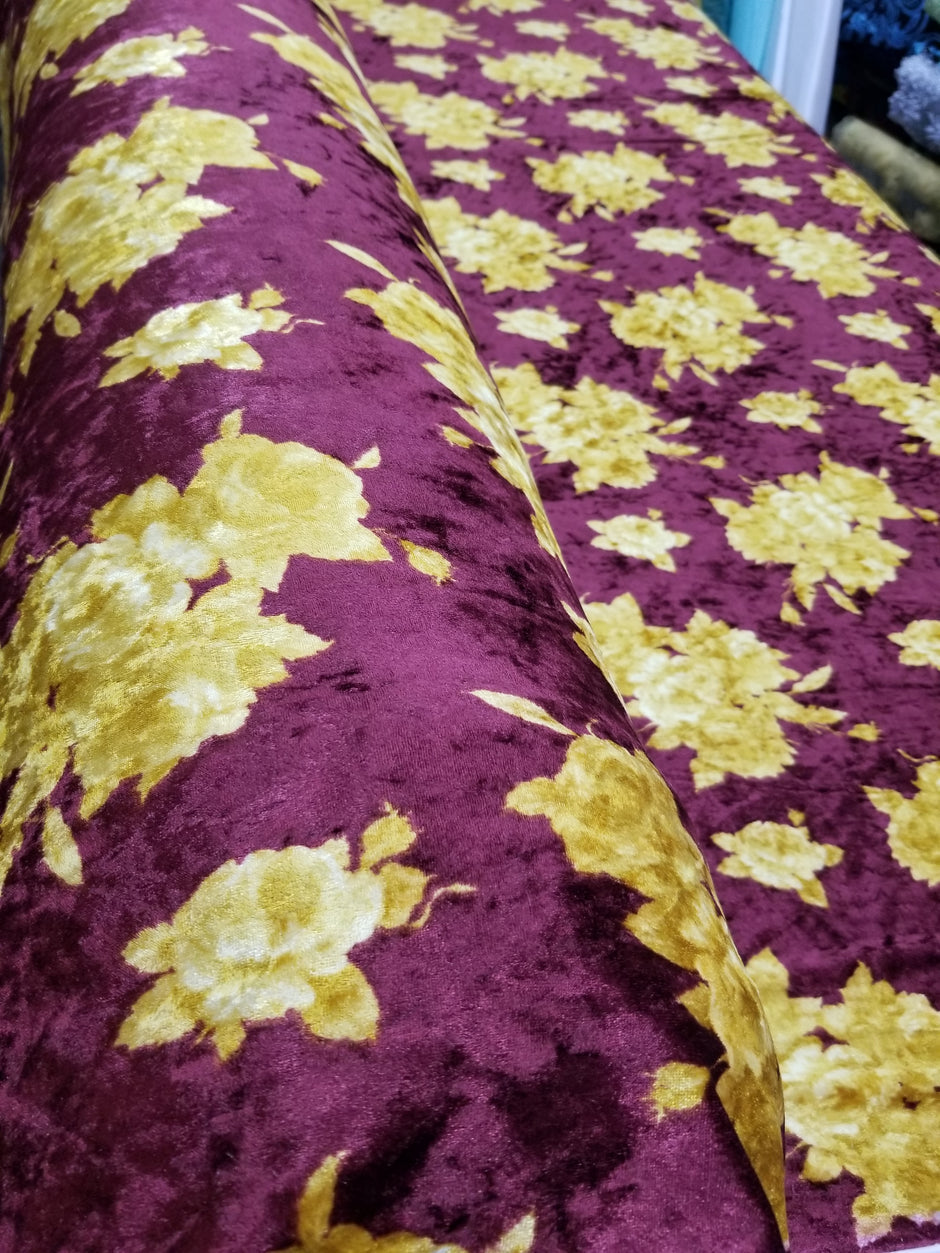 1 Yard Merlot Solar Gold Crushed Velvet Floral Stretch Fabric for Costumes Drapes Apparel 60 Inch Width