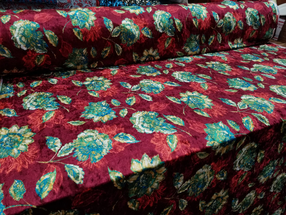 1 Yard Blue Rust Crushed Floral Stretch Velvet Fabric for Dresses Upholstery Curtains 60 Inch Width