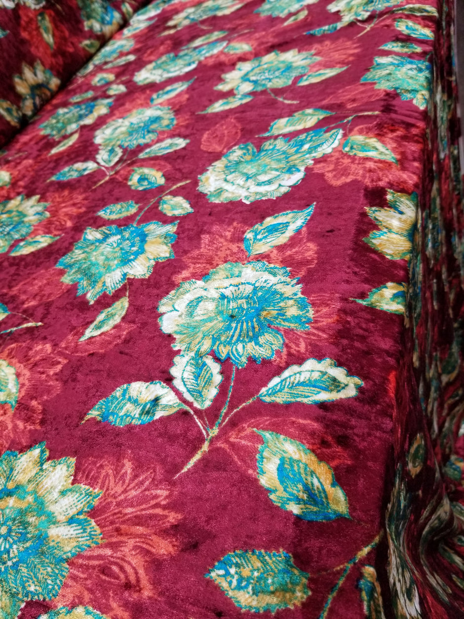 1 Yard Blue Rust Crushed Floral Stretch Velvet Fabric for Dresses Upholstery Curtains 60 Inch Width