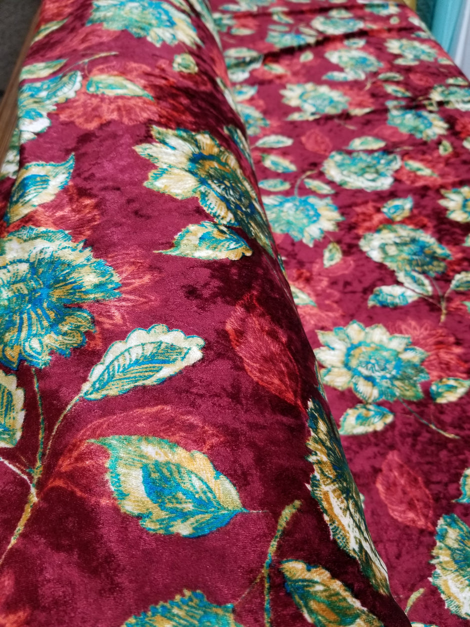 1 Yard Blue Rust Crushed Floral Stretch Velvet Fabric for Dresses Upholstery Curtains 60 Inch Width