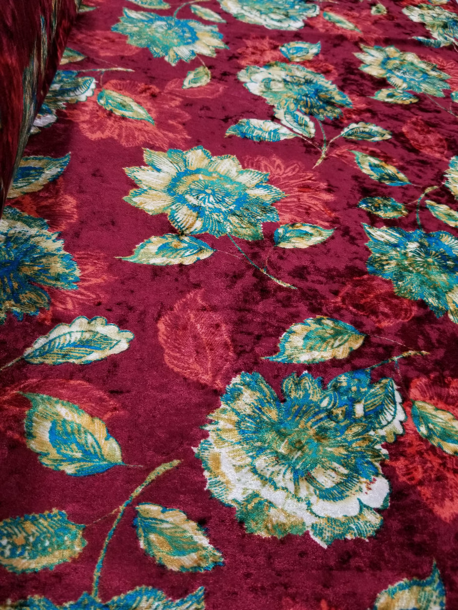 1 Yard Blue Rust Crushed Floral Stretch Velvet Fabric for Dresses Upholstery Curtains 60 Inch Width