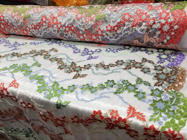 1 Yard Multicolor Bridal Floral Mesh Lace Fabric for Dresses, Decor, Gowns 54 Inch Width