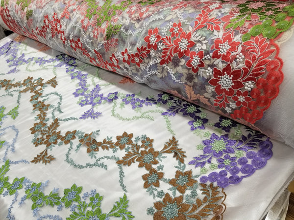 1 Yard Multicolor Bridal Floral Mesh Lace Fabric for Dresses, Decor, Gowns 54 Inch Width
